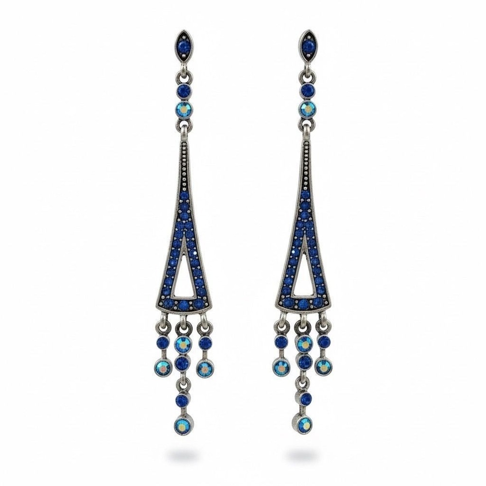 Art Deco Inspired Blue Chandelier Statement Earrings – Silver Tone